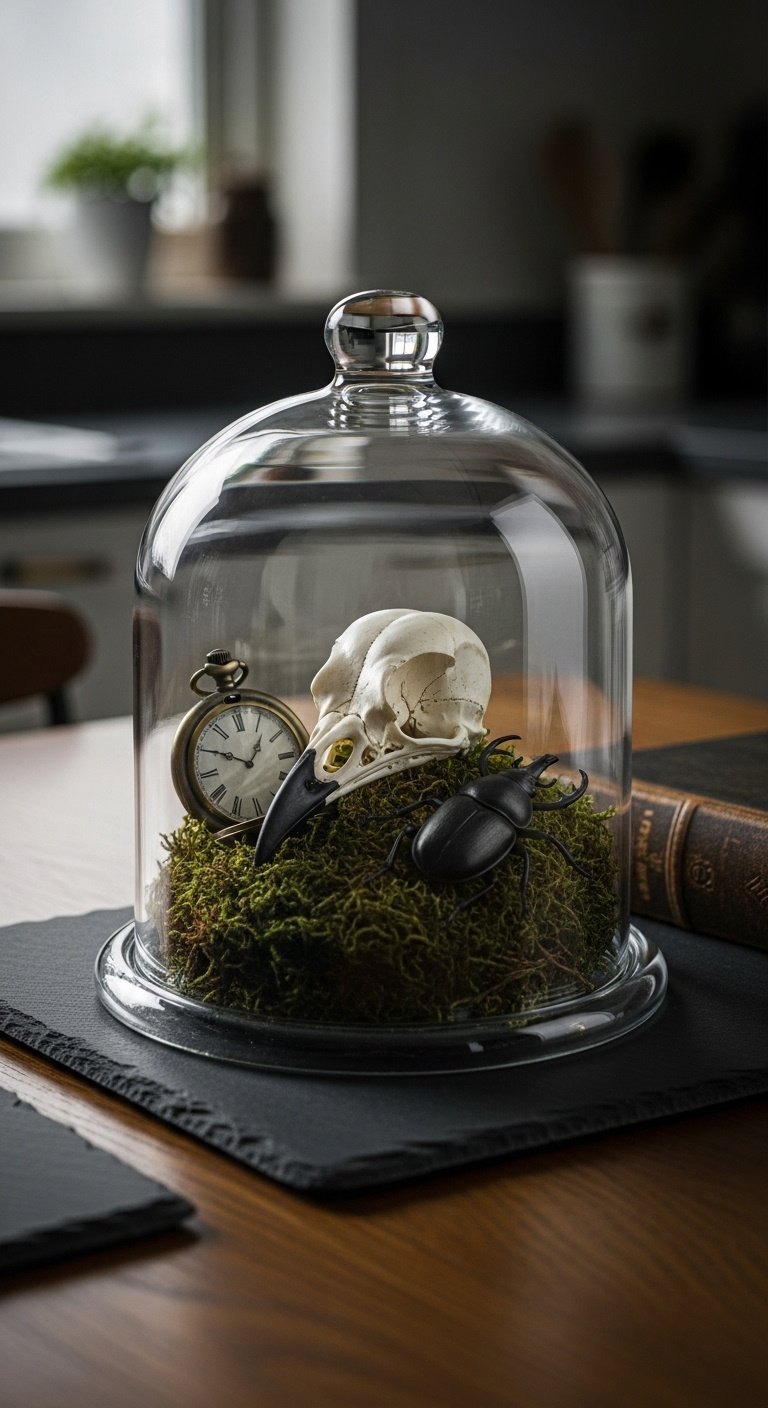 Glass cloche with a decorative bird skull on moss, vintage pocket watch, and faux black beetle on a dark slate placemat