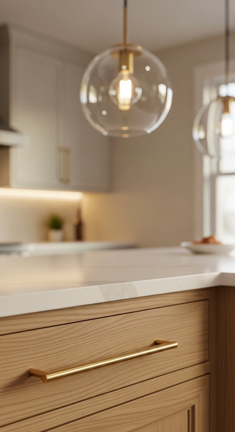 Glass orb pendant light over a kitchen island with a natural wood drawer and sleek brass pull on a white quartz countertop