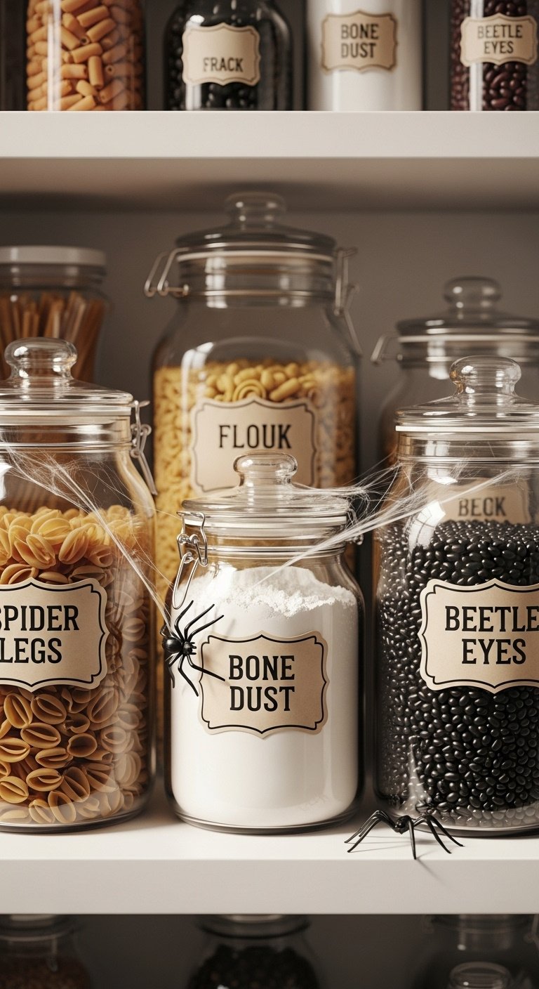 Glass pantry jars with spooky vintage labels like Spider Legs and Bone Dust with faux cobwebs and a spider