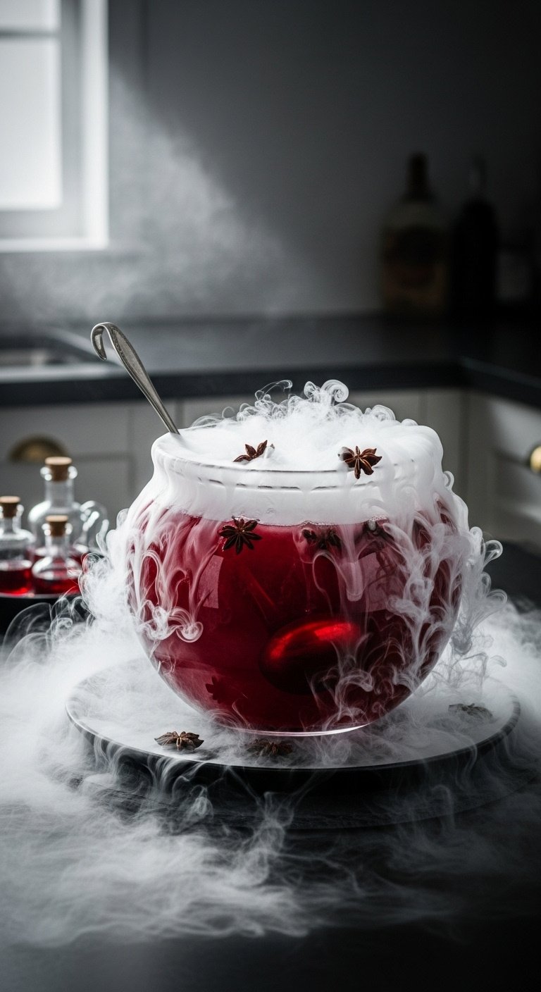 Glass punch bowl with deep red punch and dry ice fog on a dark slate tray with potion glasses and star anise