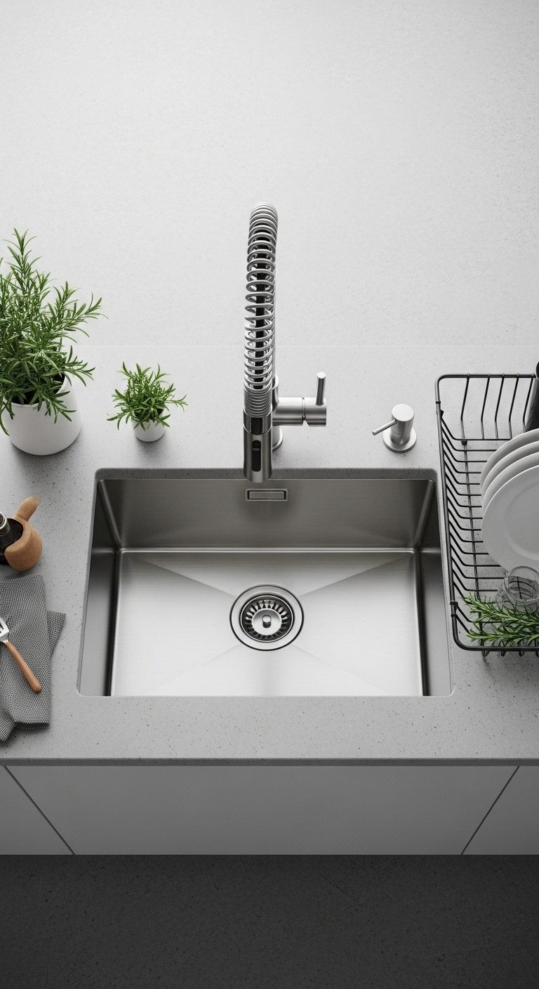 Gleaming brushed stainless steel drop-in sink with sharp corners set in a light gray concrete countertop with an industrial faucet and dish rack