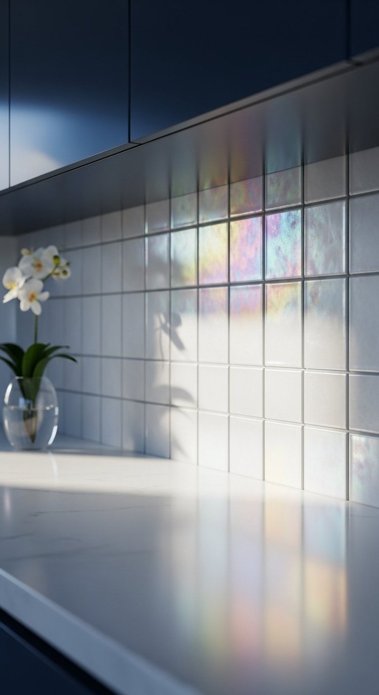 Glossy iridescent tile backsplash with white quartz countertop dark navy blue cabinets clear glass vase white orchid studio light