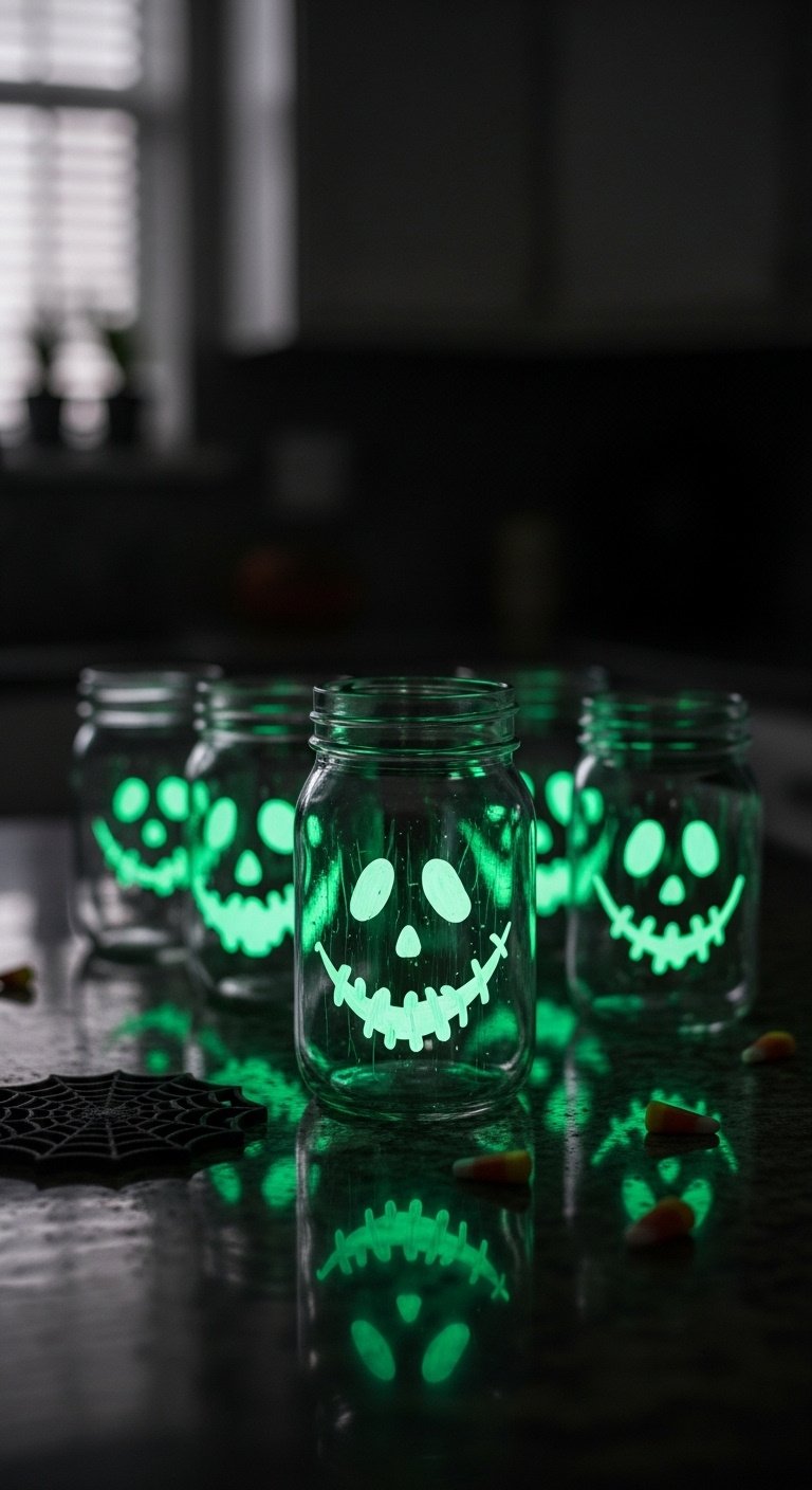 Glow-in-the-dark mason jars with ghost faces emitting an ethereal green glow on a dark granite kitchen countertop
