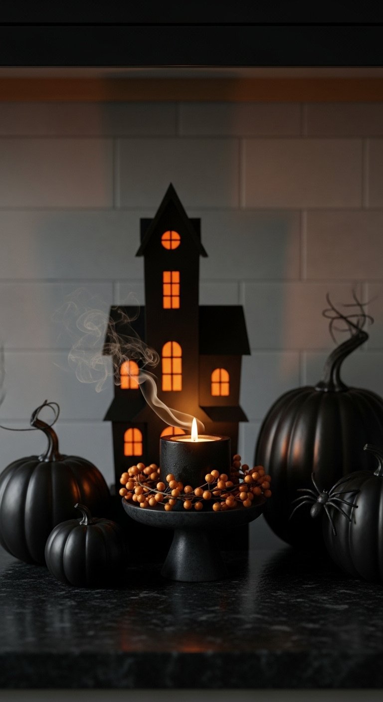 Glowing haunted house silhouette with a black candle, orange berry garland, matte black pumpkins, and cast iron spider on a dark granite counter