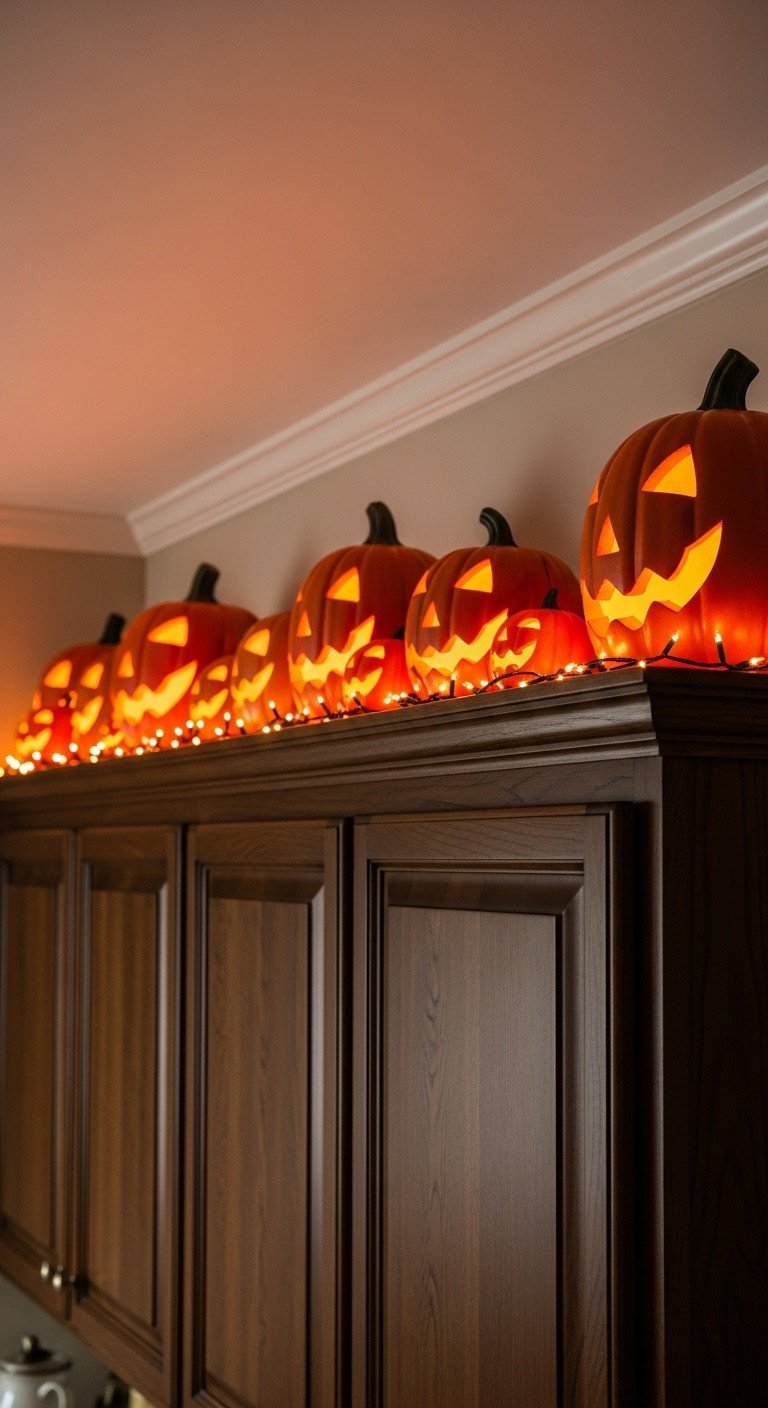 Glowing jackolanterns and faux carved pumpkins arranged over dark wood kitchen cabinets with orange twinkle lights in a cozy Halloween display