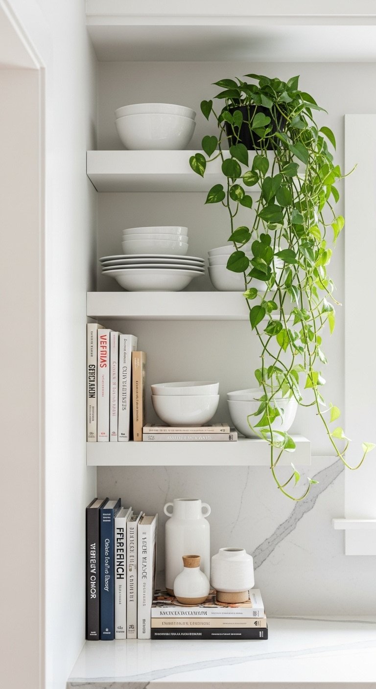 Going vertical with smart storage in open plan kitchen dining living with floor-to-ceiling floating shelves and green plant