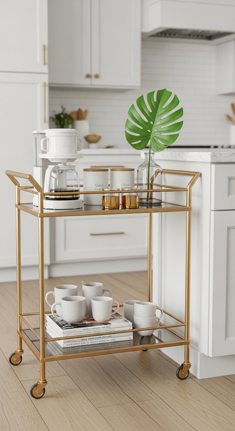 Gold and glass bar cart with white drip coffee maker canisters mugs and magazines next to a white kitchen counter with monstera leaf