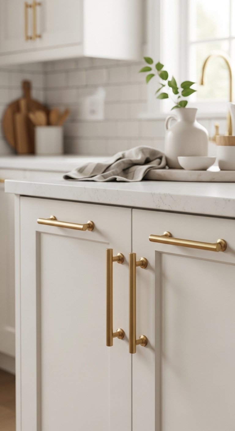Gold kitchen hardware on white cabinet for a stunning update