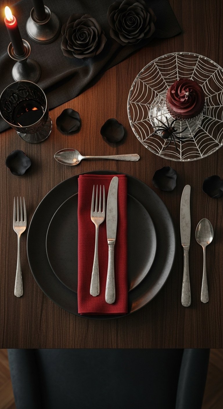 Gothic Halloween table setting with a matte black plate, deep red napkin, tarnished silver cutlery, spiderweb cake stand, and dark chocolate cupcake