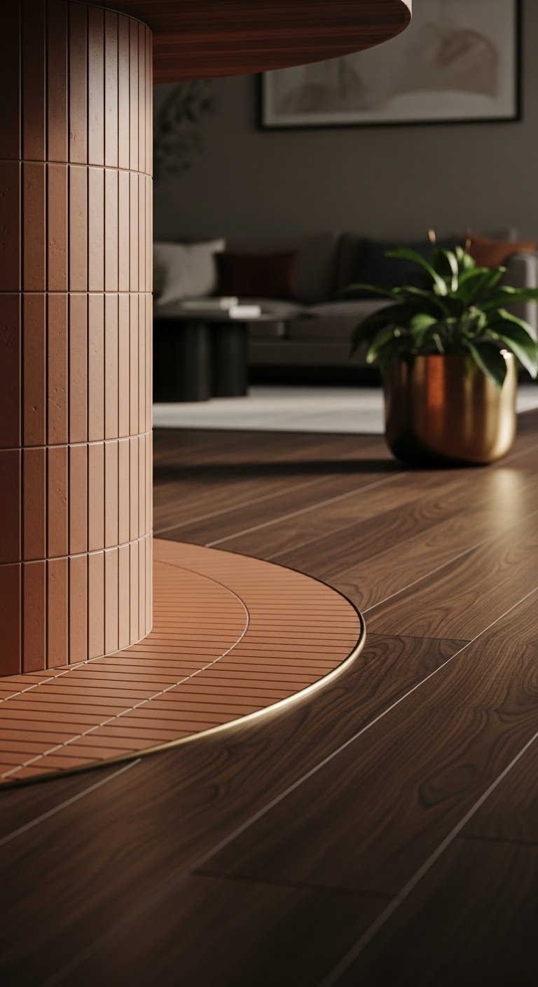 Graceful curved transition of terracotta kitchen tiles to dark walnut hardwood following a rounded island with warm moody light and elegant minimalist mood