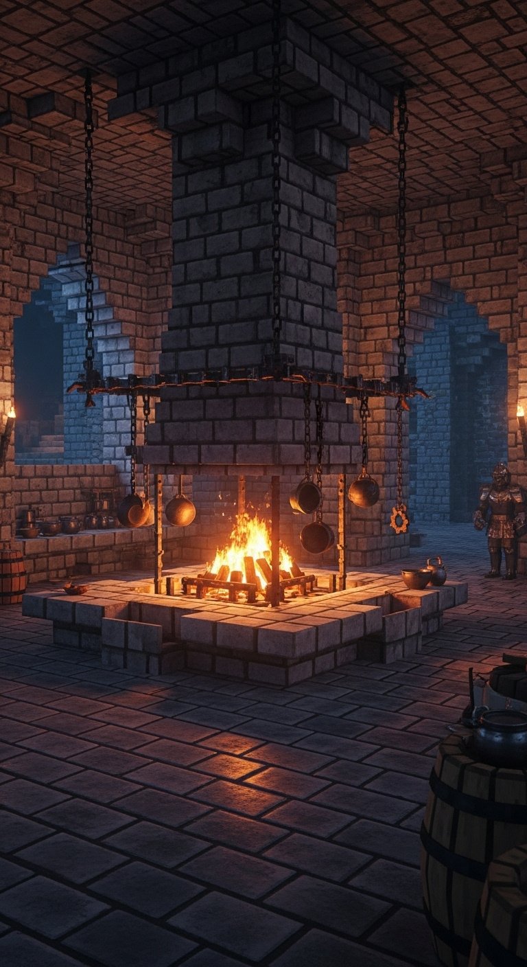 Grand Minecraft medieval kitchen with stone brick walls deepslate floor large open hearth iron pot racks and flickering firelight