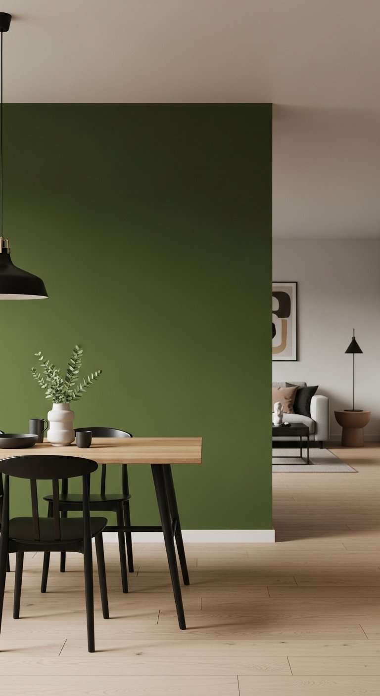 Green accent wall in an open-concept kitchen dining area with deep olive green behind a wooden table