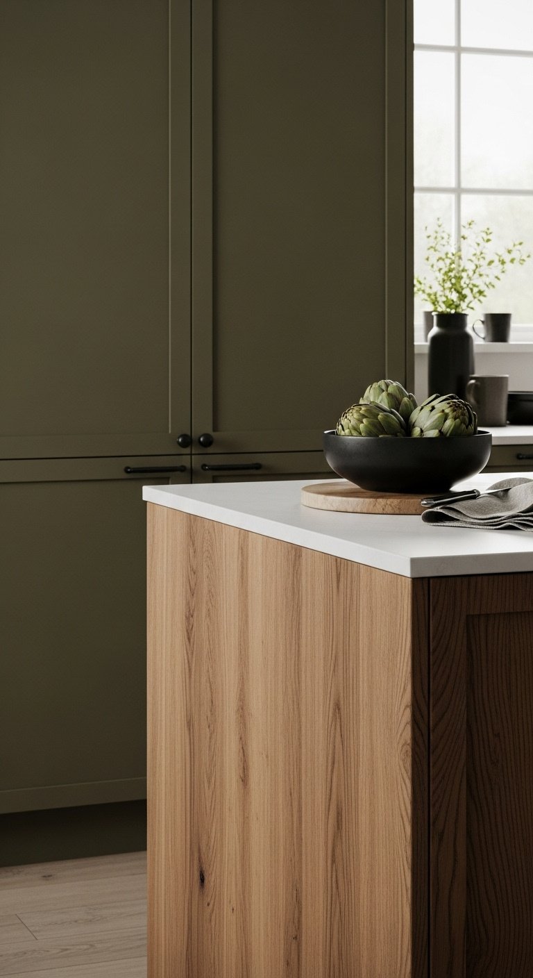 Green and natural wood harmony with matte dark olive green cabinets warm natural oak kitchen island and white countertop