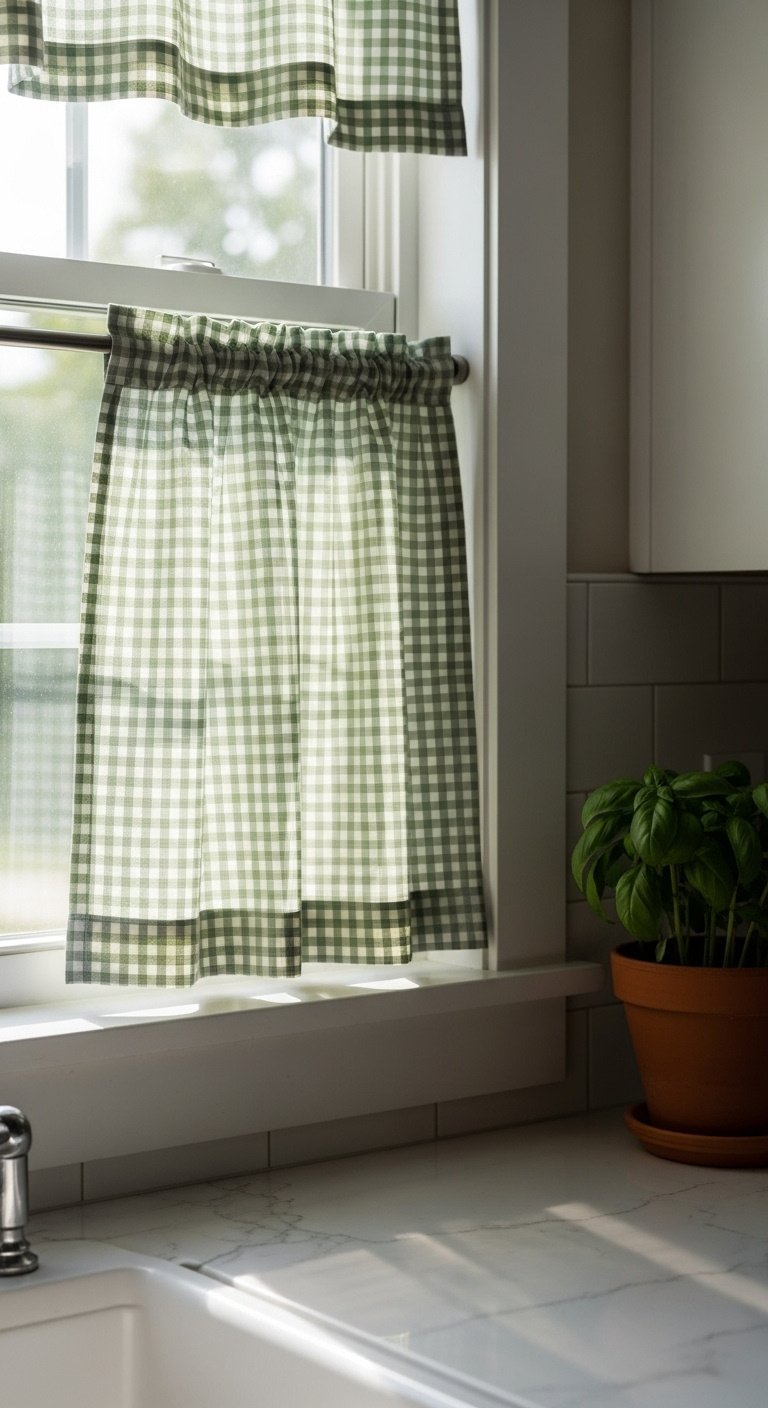 Green and white gingham cafe curtain on a kitchen window with a basil plant on the windowsill and soft sunlight