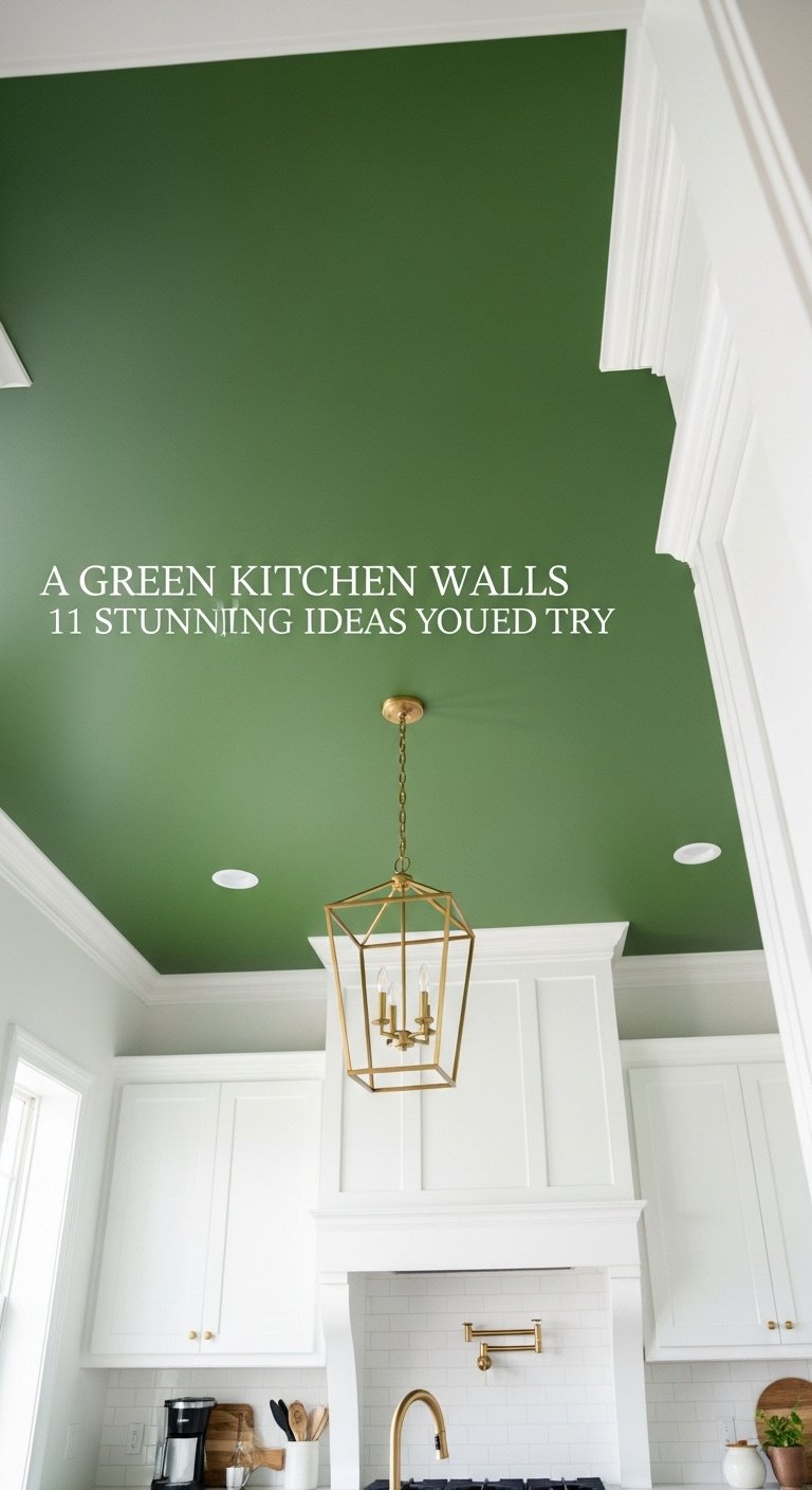 Green kitchen ceiling painted in rich moss green with white walls cabinets and brass pendant light