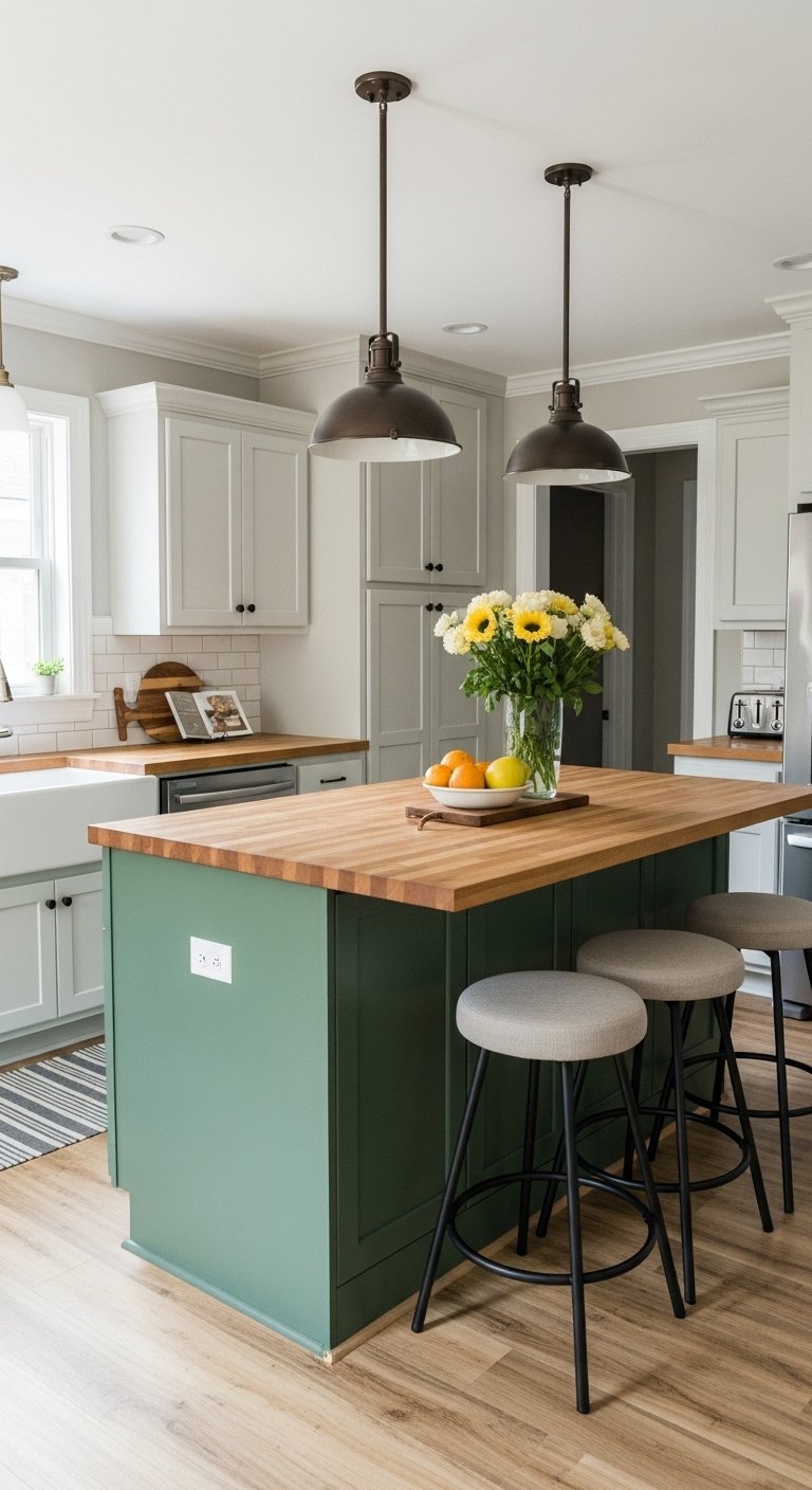 Green kitchen island as a centerpiece with neutral perimeter cabinets and consistent hardware in a modern kitchen