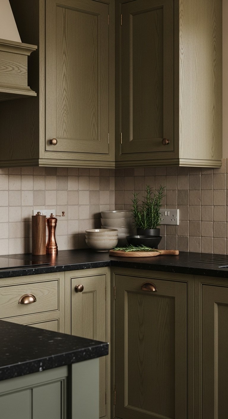 Green stained oak cabinets with an off-white island and beige walls in a cozy kitchen with black granite and Zellige tiles