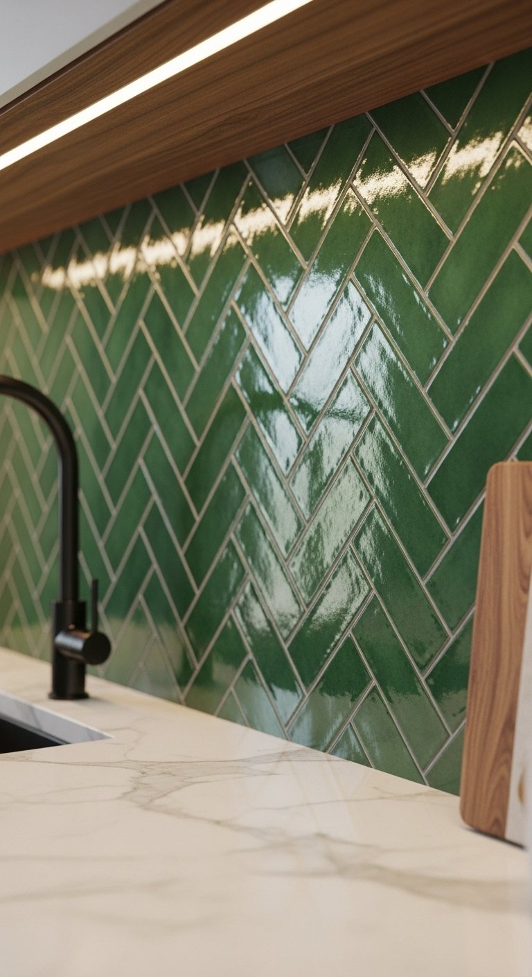 Green tile backsplash with glossy emerald green subway tiles in a herringbone pattern and white marble countertop