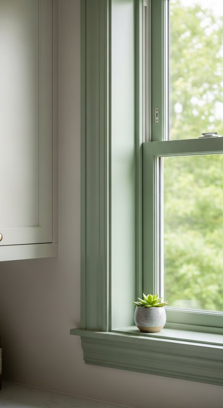 Green trim in a kitchen window frame painted sage green with creamy white walls and succulent