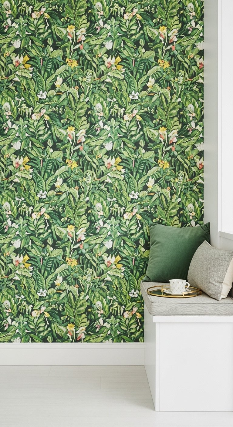 Green wallpaper in a stylish kitchen nook with lush botanical pattern and built-in white bench
