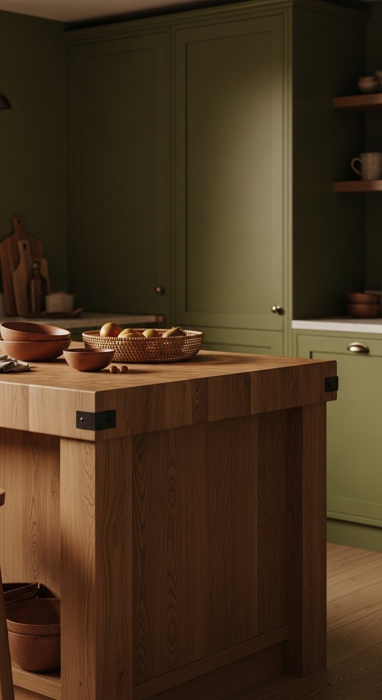 Green walls paired with natural wood in a warm kitchen with olive green walls and a rustic butcher block island