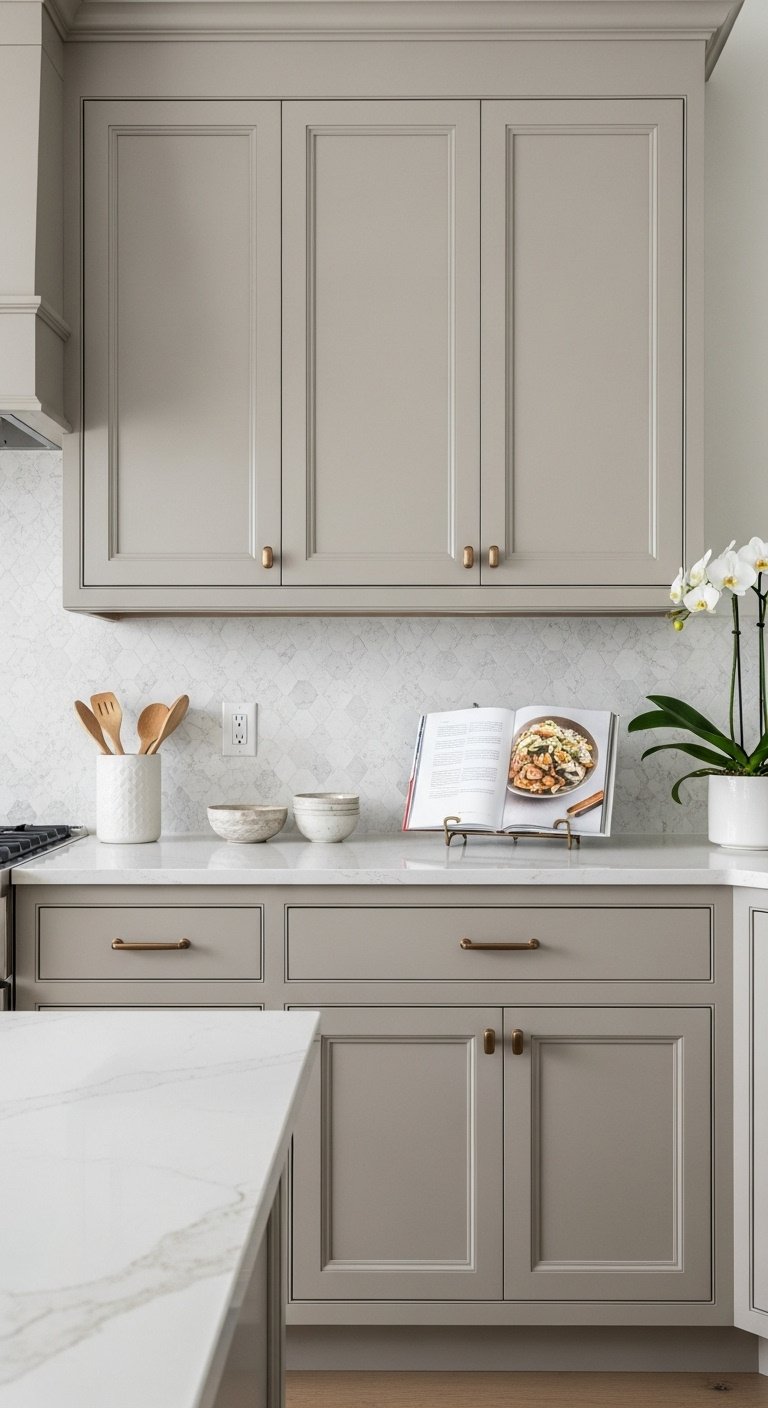 Greige Shaker cabinets with champagne bronze pulls, light quartz counter, Zellige tile, and white orchid