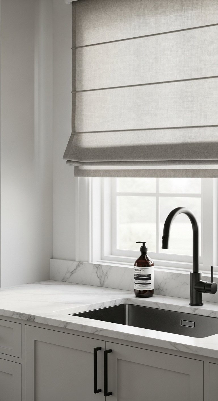 Greige flat-fold Roman shade over modern kitchen sink with marble countertop stainless steel sink and black faucet