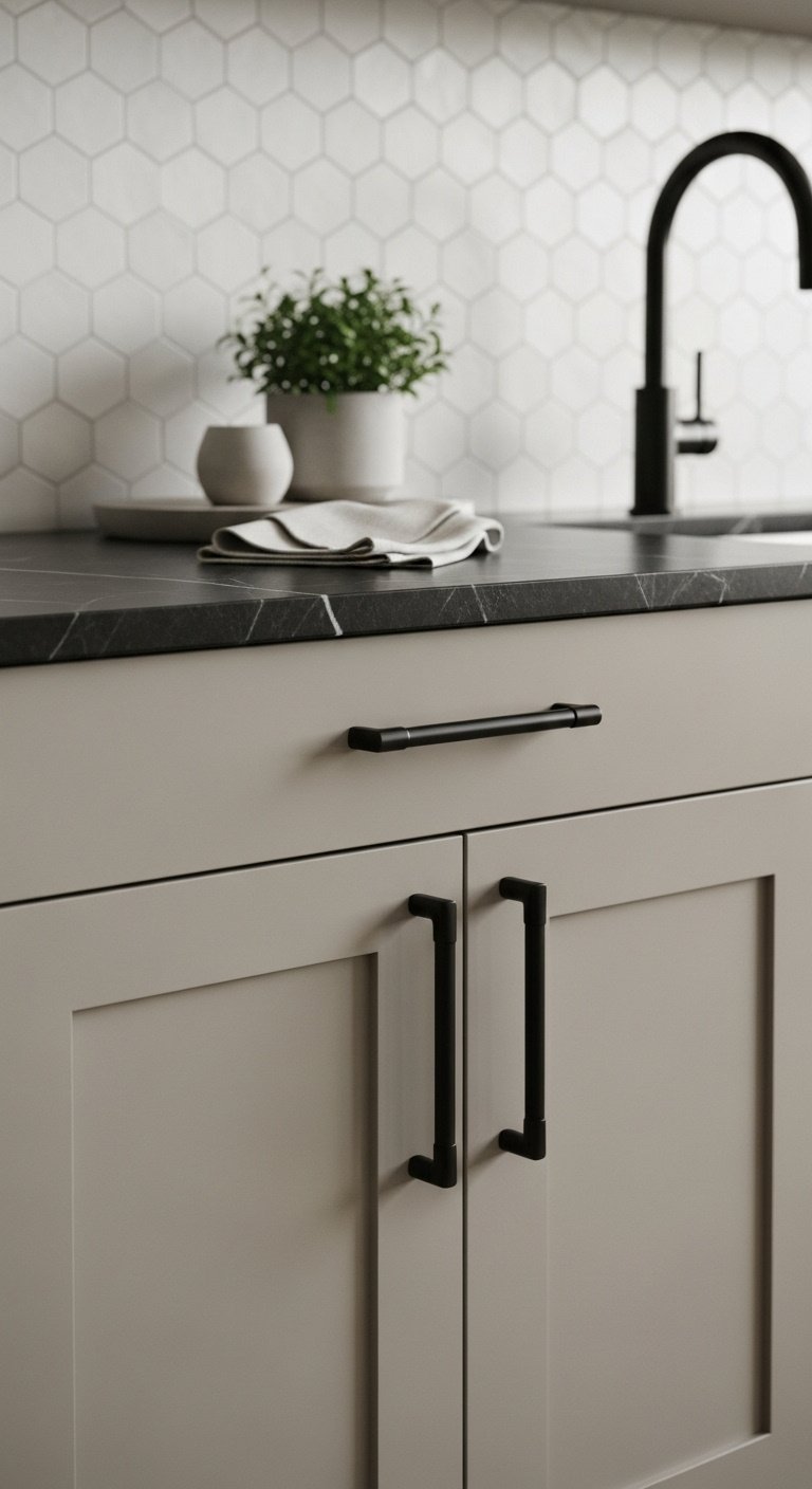 Greige taupe shaker cabinets with matte black modern bar pulls and black soapstone countertop