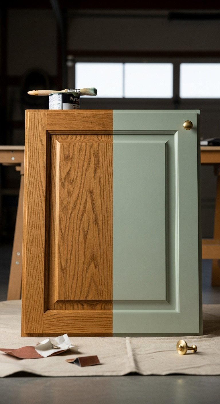 Half painted kitchen cabinet door showing a stunning transformation from dated oak to modern sage green with paintbrush and sandpaper