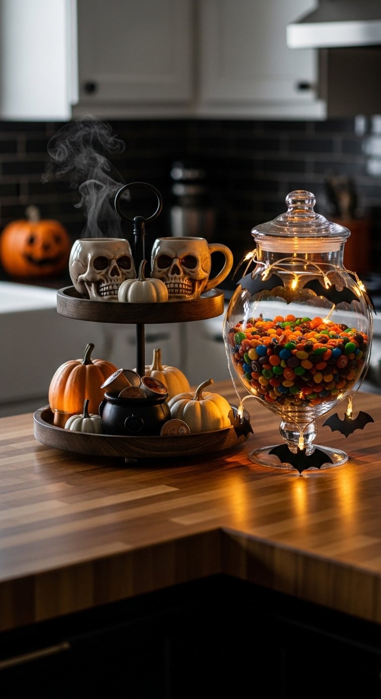 Floating black witch hats at varying heights above a kitchen island with a bowl of green apples and a white ceramic vase