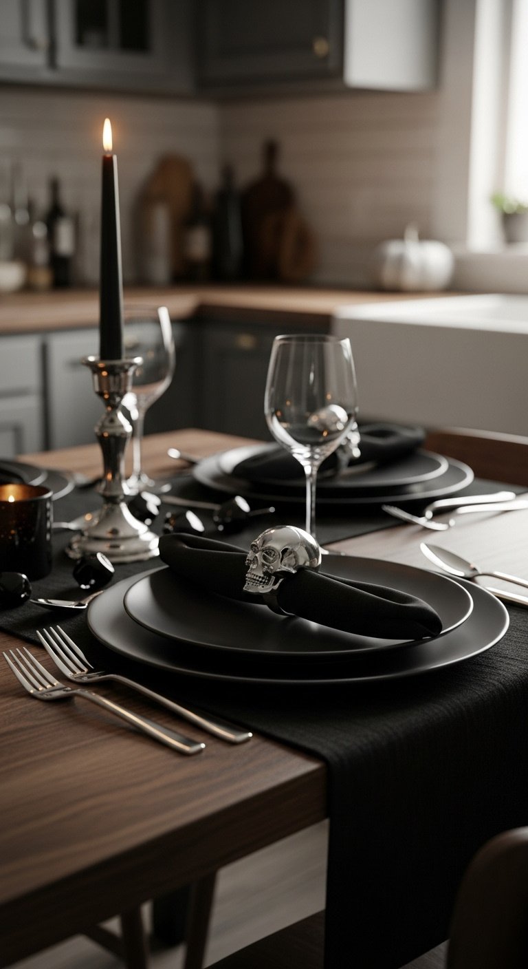 Halloween tablescape with matte black plates, silver flatware, black skull napkin rings, black taper candle, and faux gems on a dark wood table