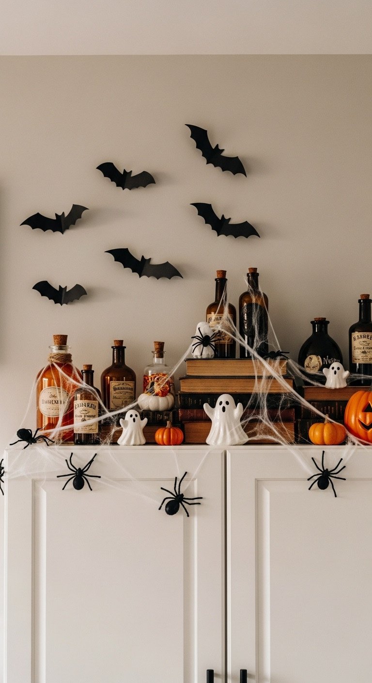 Halloween vignette on white kitchen cabinets with potion bottles old books spiderwebs ghosts pumpkins and flying bats