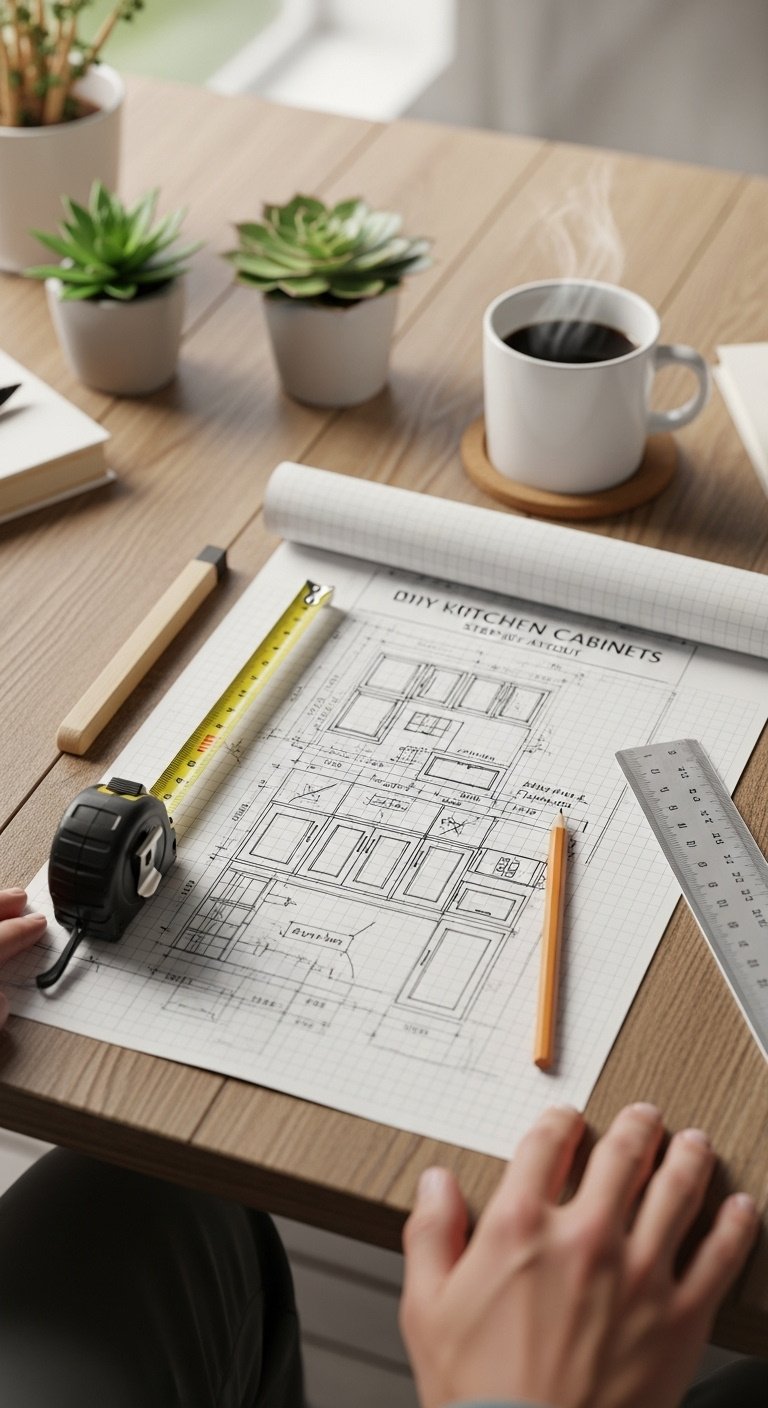 Hand drawn kitchen cabinet layout on graph paper with tape measure architect's scale and pencil on a rustic wood table