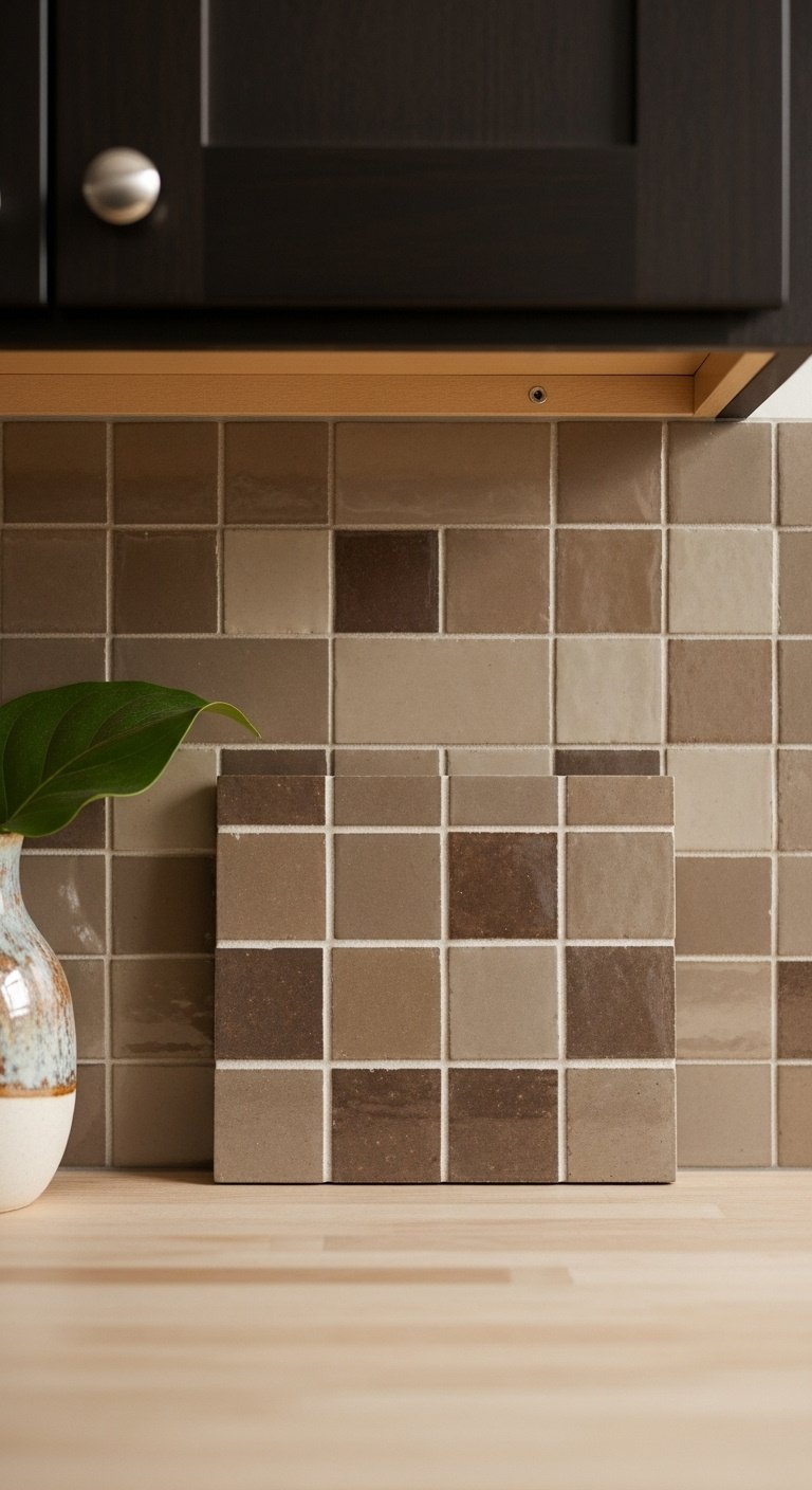 Hand-glazed zellige tile backsplash in warm taupe and brown with dark cabinets and butcher block countertop