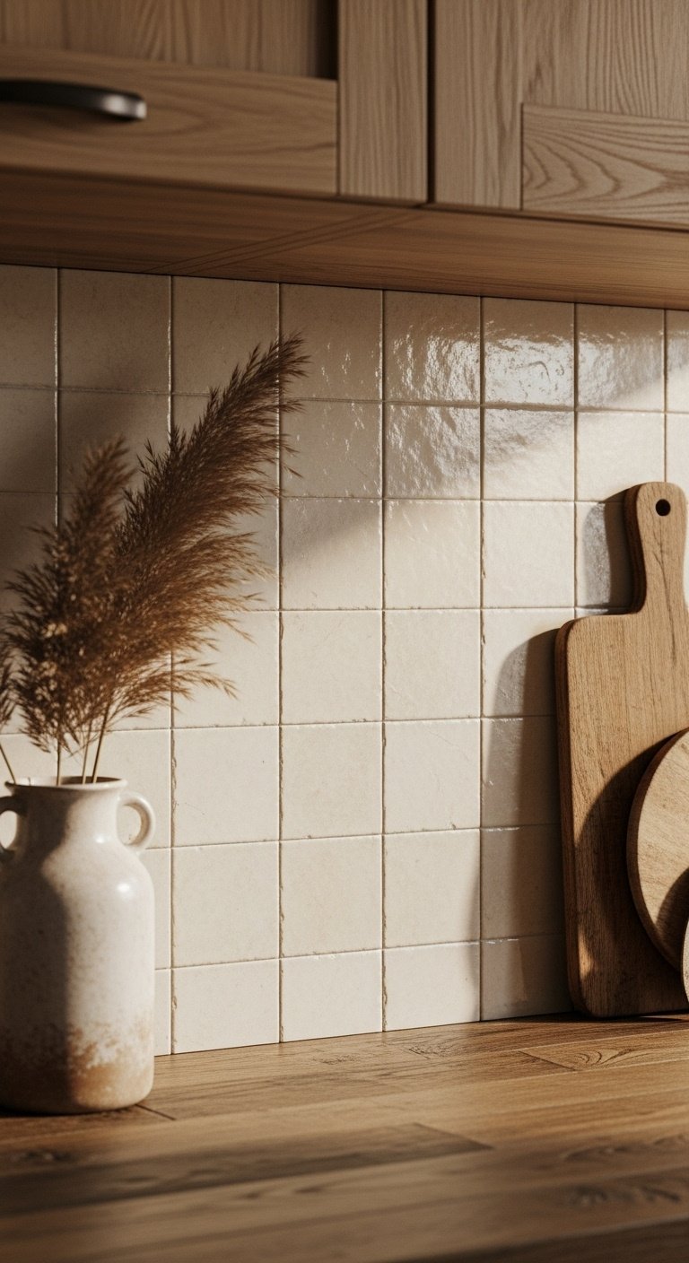 Handcrafted zellige tile backsplash in creamy off white rustic wood countertop light oak cabinets pampas grass wooden cutting board