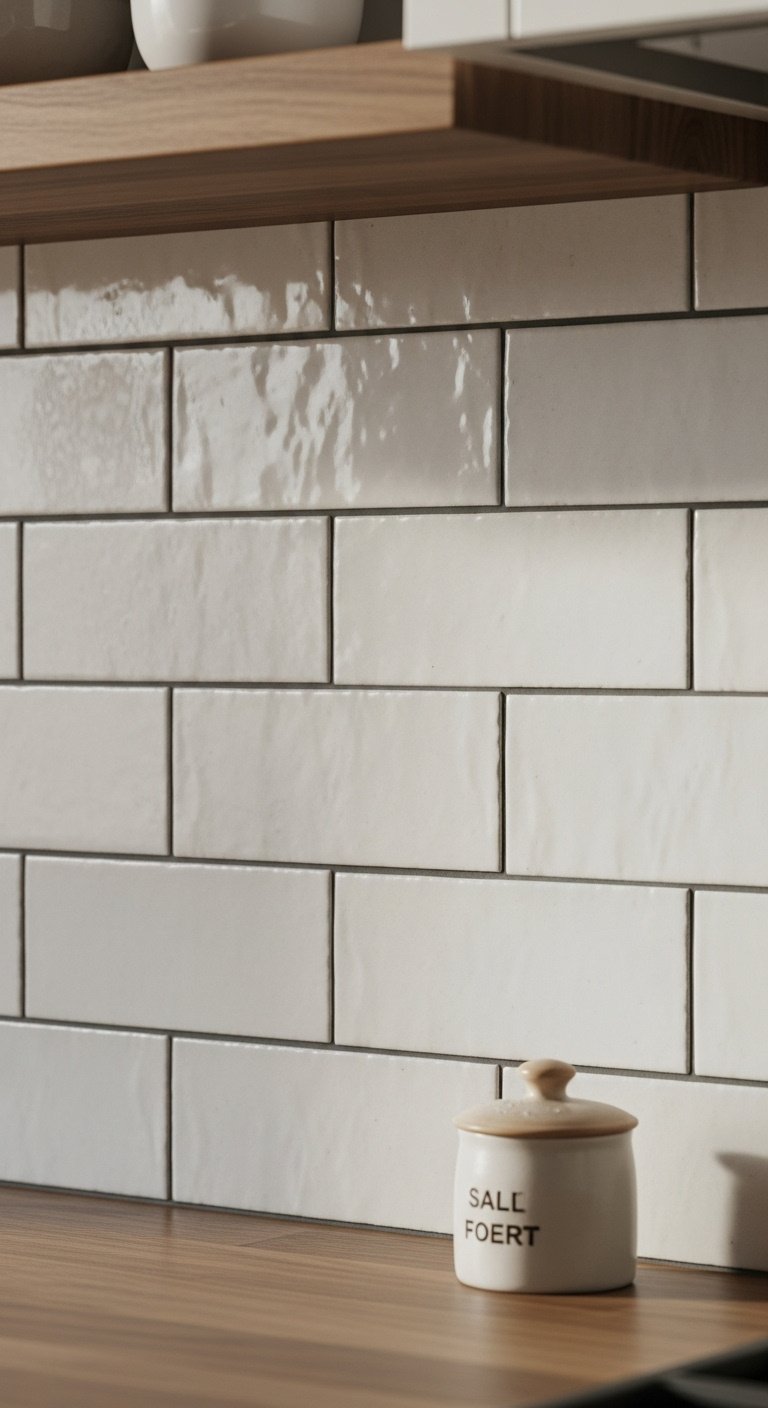 Handmade white subway tiles with dark gray grout as a kitchen backsplash with wooden countertop and shelf salt cellar natural light