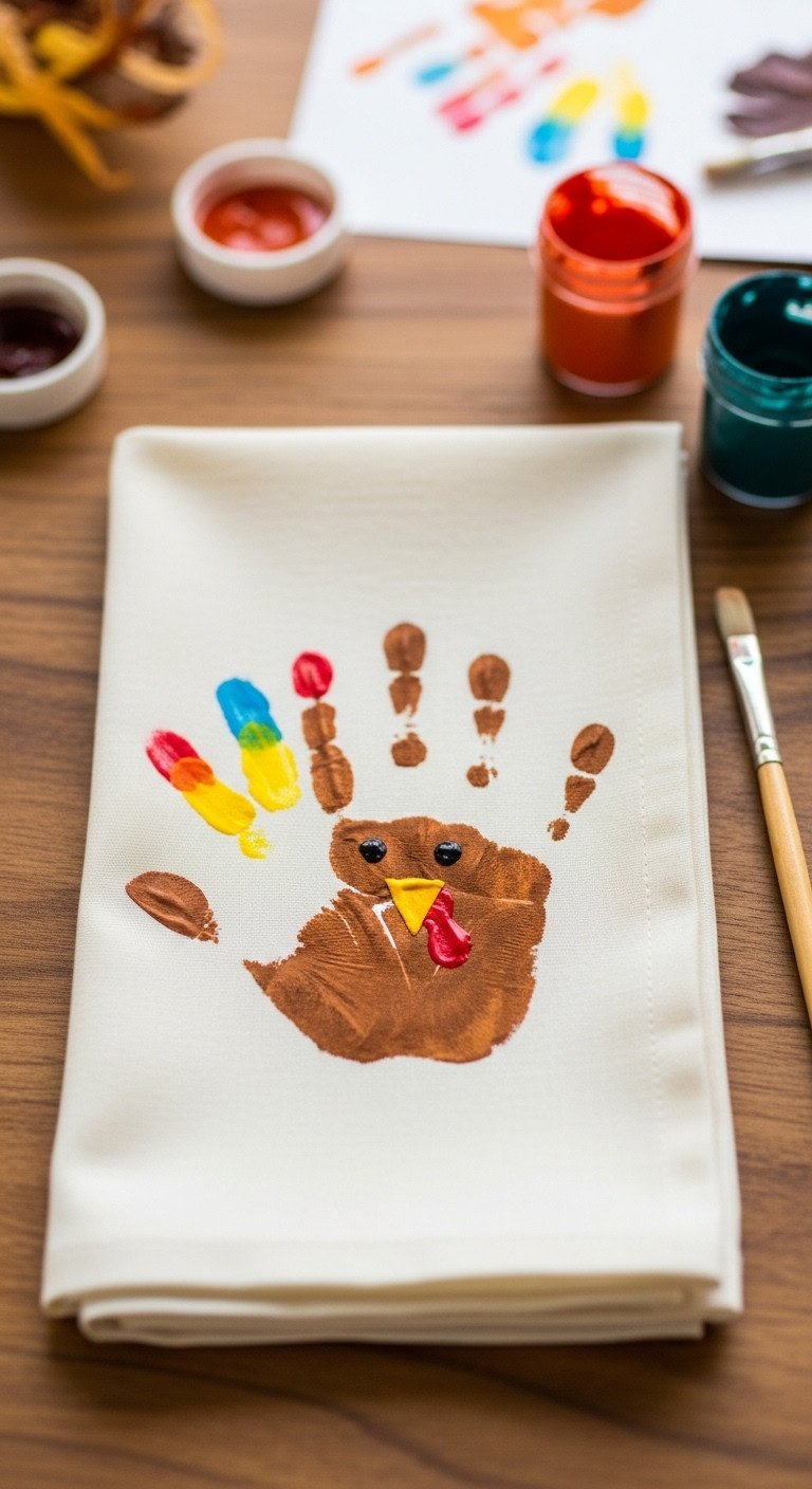 Handprint turkey keepsake napkin with brown handprint body and colorful fingerpainted feathers in red orange and yellow