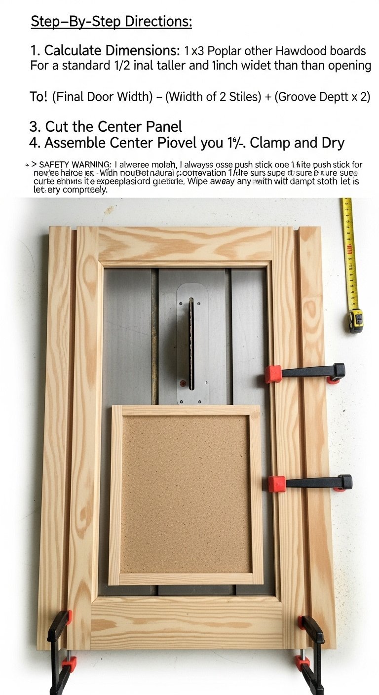 Hands assembling a shaker style cabinet door with wood glue and clamps in a well lit workshop with a table saw
