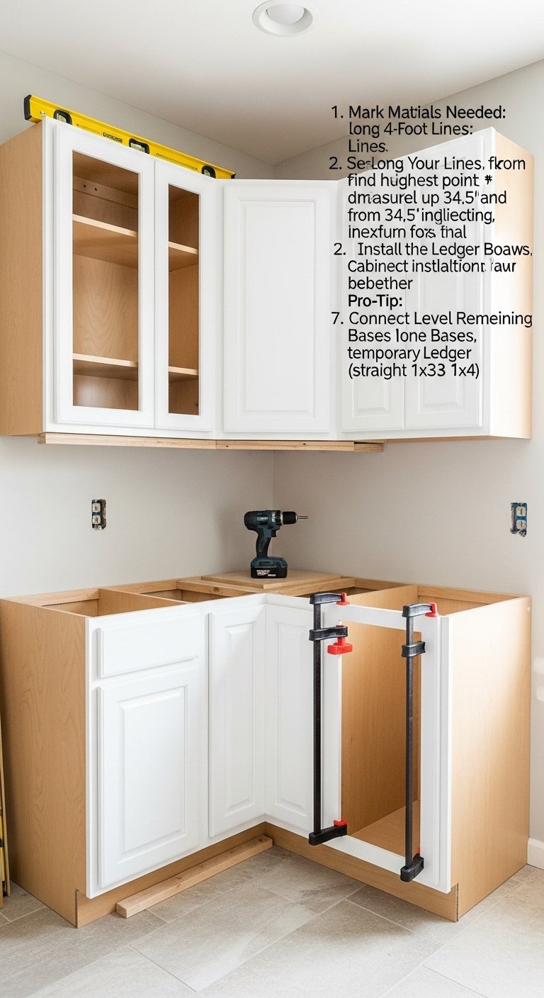 Hands installing an upper kitchen cabinet onto a ledger board with a drill and screws in a partially finished kitchen