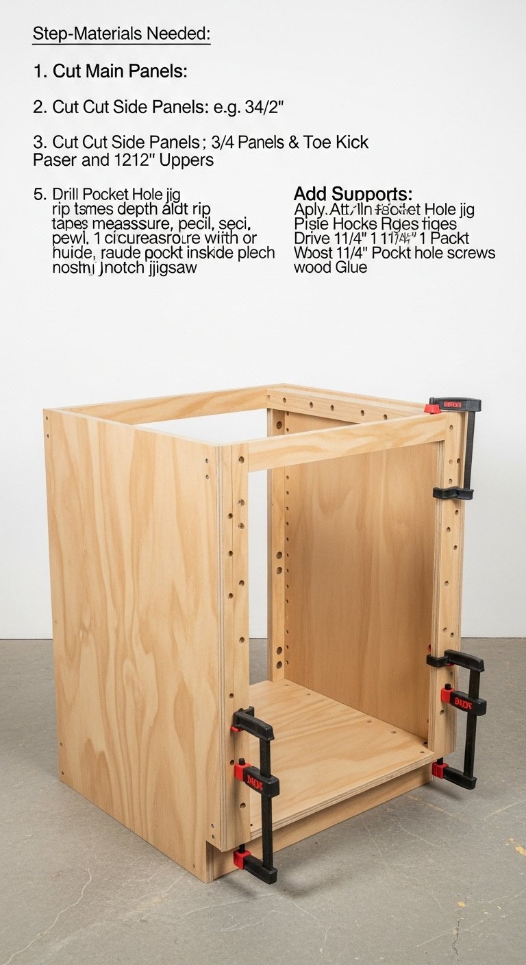 Hands using a drill to assemble a kitchen cabinet box from plywood with a pocket hole jig and screws in a well lit workshop