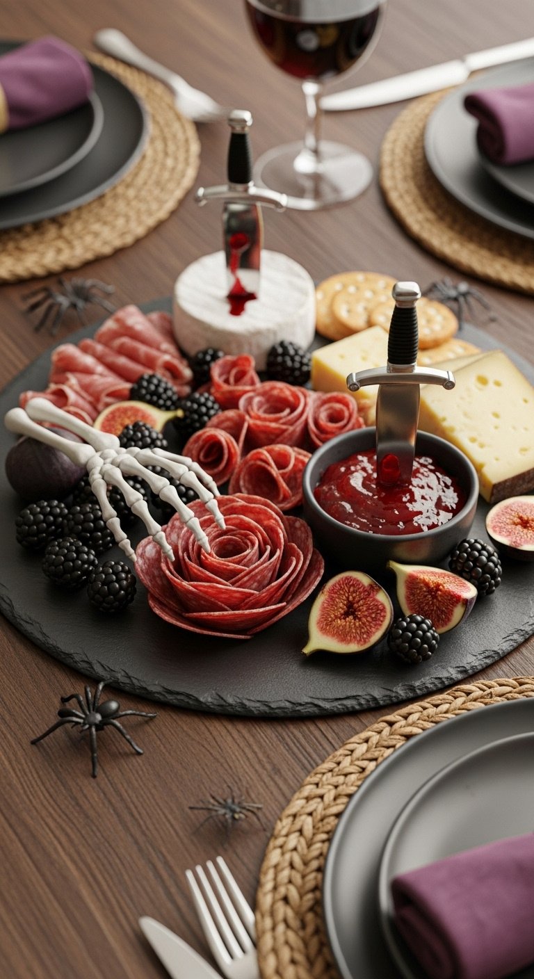 Haunted charcuterie board with skeleton hand, dark salami roses, figs, blackberries, bloody pepper jelly, and dagger cheese knife