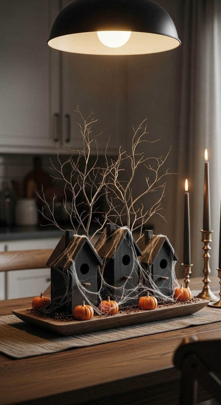 Haunted mini village centerpiece on a dining table with black birdhouses, cobwebs, tiny pumpkins, and twig trees