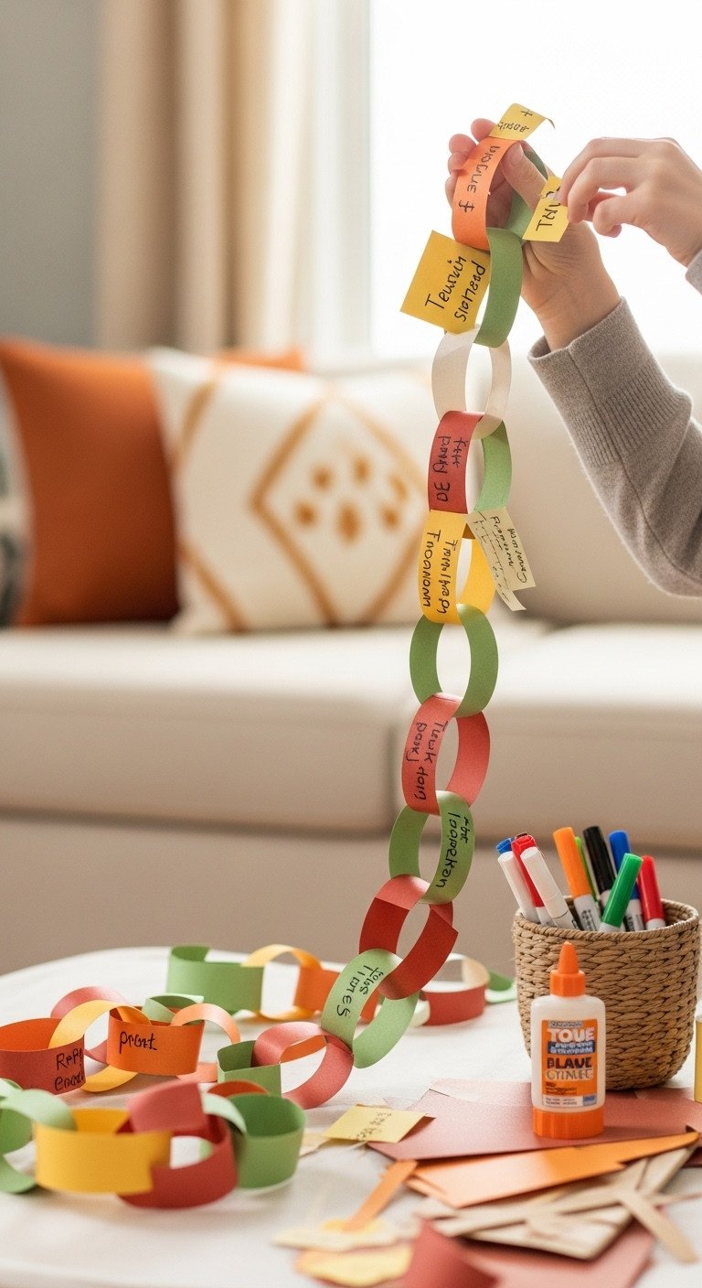 Heartfelt Thankful Chain craft made from autumn-colored paper strips with handwritten notes of gratitude draped across a small table
