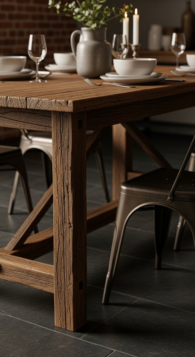 Heavy dining table crafted from reclaimed barnwood showing rich texture knots nail holes and variations in wood tone