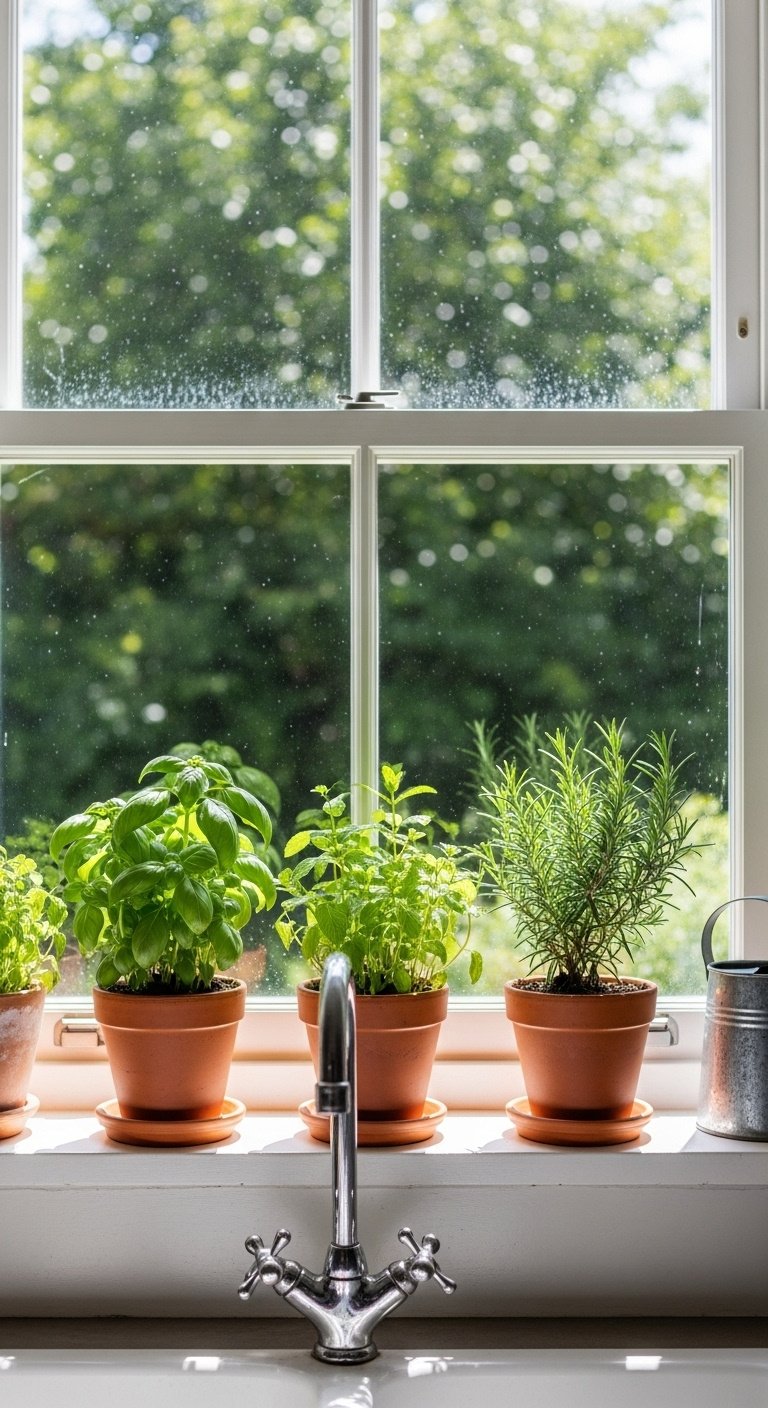 Herbs and plants by the kitchen sink trio of terracotta pots with basil mint and rosemary on windowsill