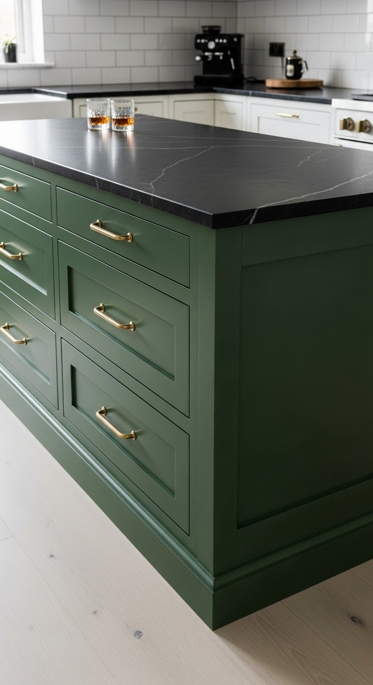 High-contrast Oxford green kitchen island with matte black soapstone countertop and brushed gold handles