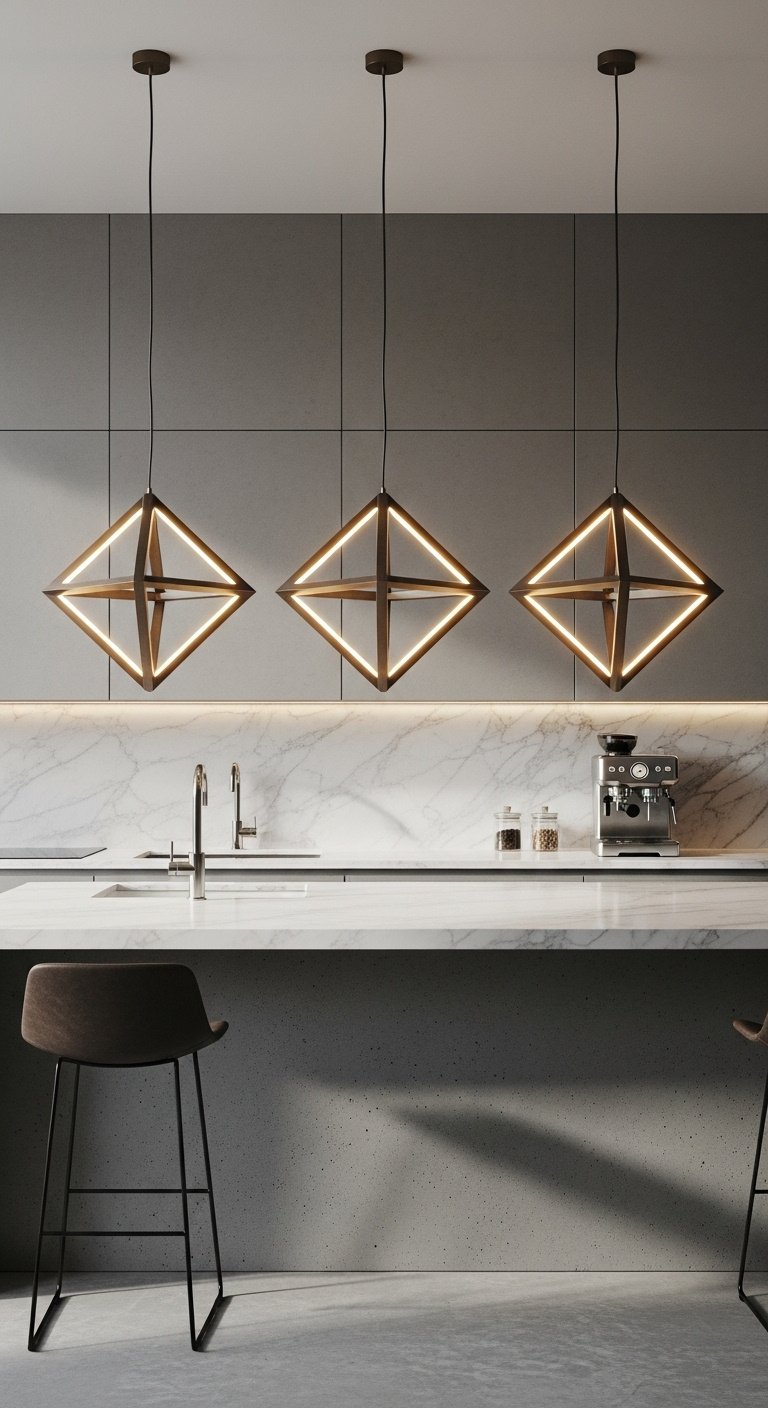 High-end kitchen featuring a dark marble island and a striking sculptural chandelier with warm lighting