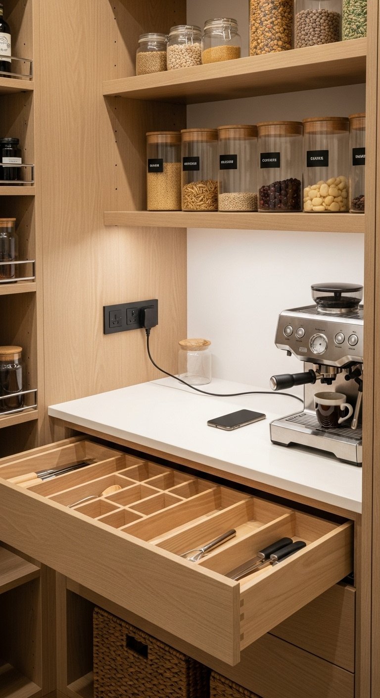 High-end walk-in pantry with organized custom wood dividers glass canisters and a coffee station in light oak cabinetry