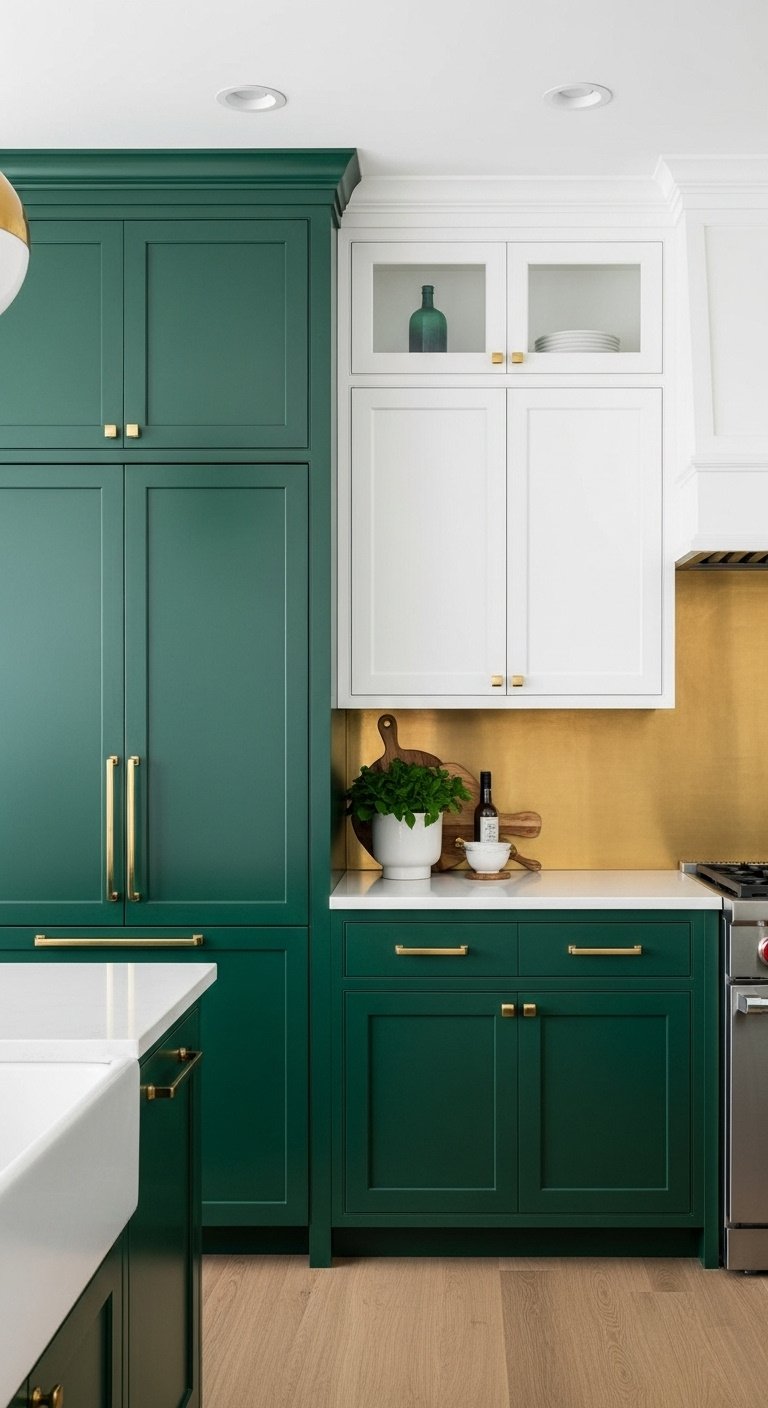 High gloss emerald green kitchen cabinets with brass trim white quartz countertop and statement lighting for a luxurious look