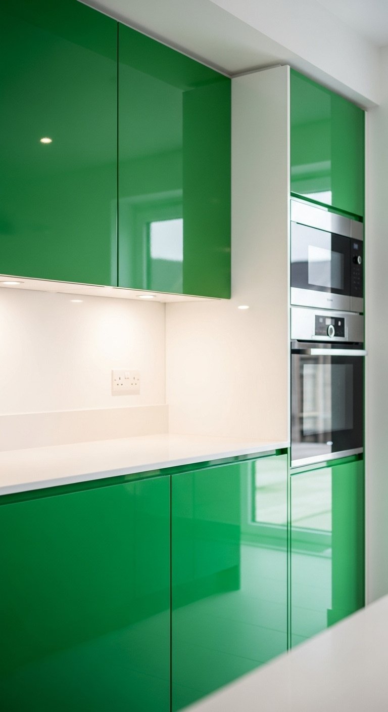 High gloss lacquered kelly green flat panel kitchen cabinets with handleless doors white countertop and integrated stainless steel oven